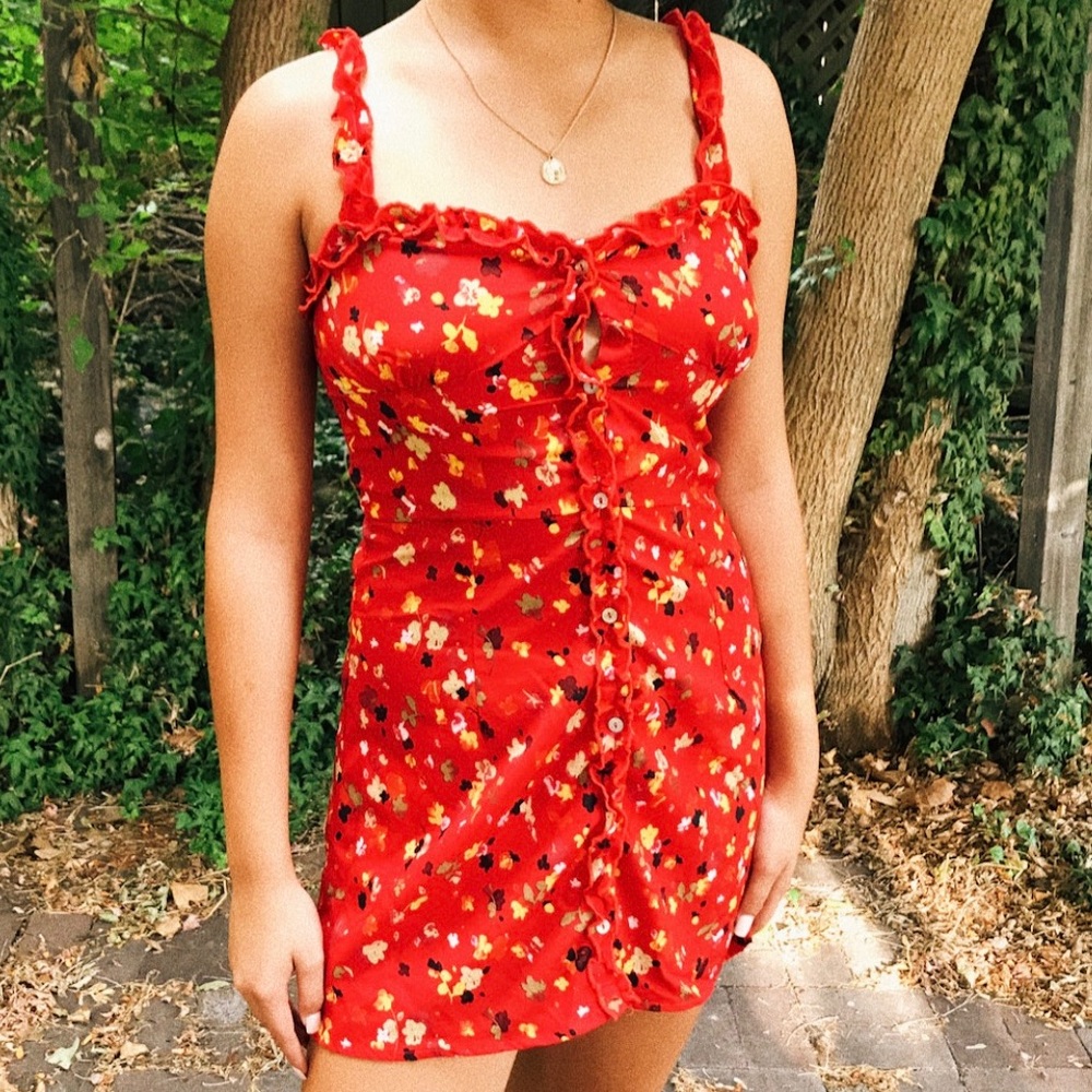 Red Floral Button Down Mini Dress